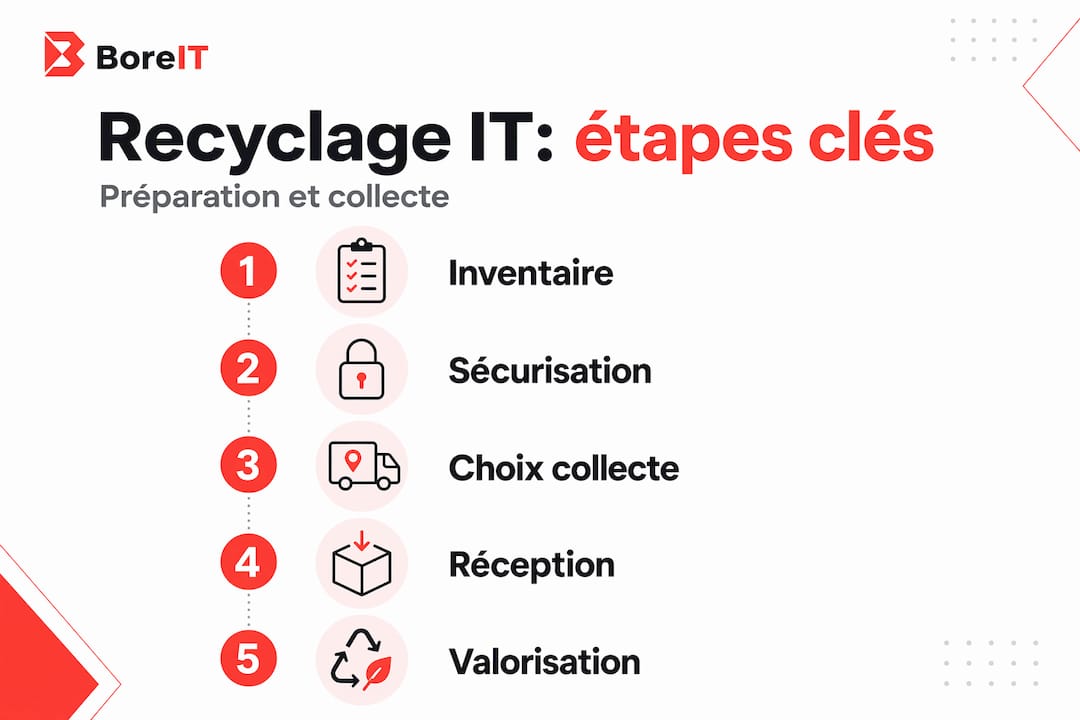 Infographie : les différentes étapes pour préparer et recycler le matériel informatique