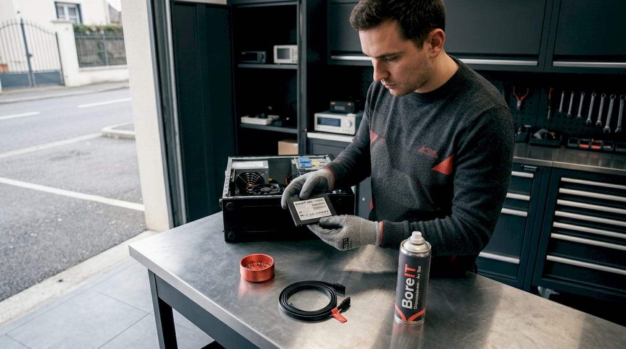 Le système procède à la vérification du SSD sur le banc de maintenance.