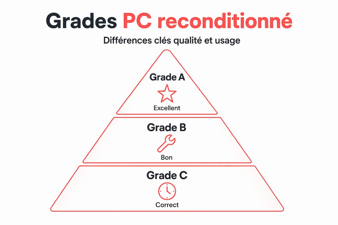 Découvrez notre classement des PC reconditionnés selon leur niveau de qualité, présenté sous forme de pyramide hiérarchique pour mieux vous guider dans votre choix.