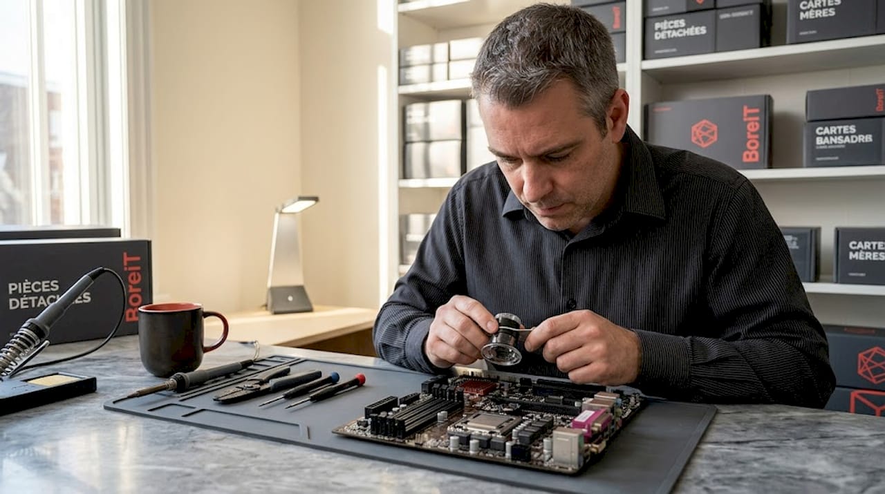 Contrôle minutieux des cartes mères à l’aide d’une loupe et d’outils spécialisés