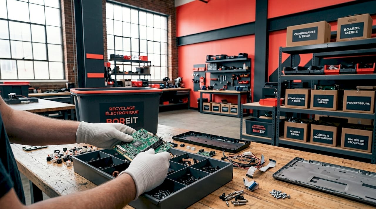 Des mains trient d’anciens composants informatiques pour les recycler.