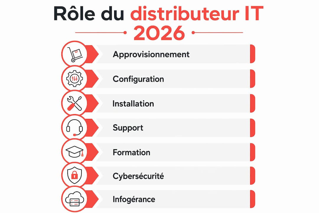 Présentation visuelle des différentes étapes et prestations proposées par un distributeur spécialisé en informatique
