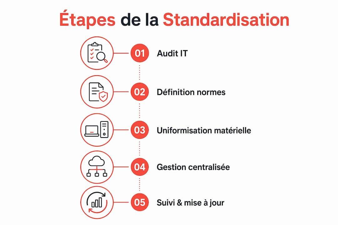 Visuel présentant les grandes étapes du processus de standardisation en informatique