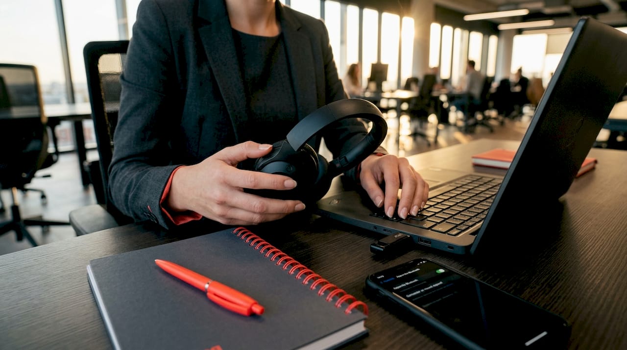 Des mains en train de connecter un casque Bluetooth à un ordinateur