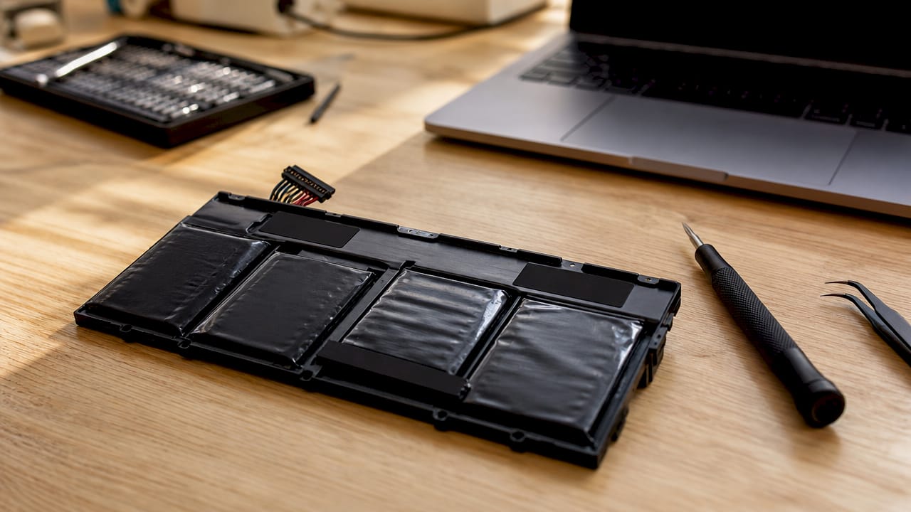 Zoom sur une batterie lithium-ion d’ordinateur portable, accompagnée des outils nécessaires pour l’entretien.