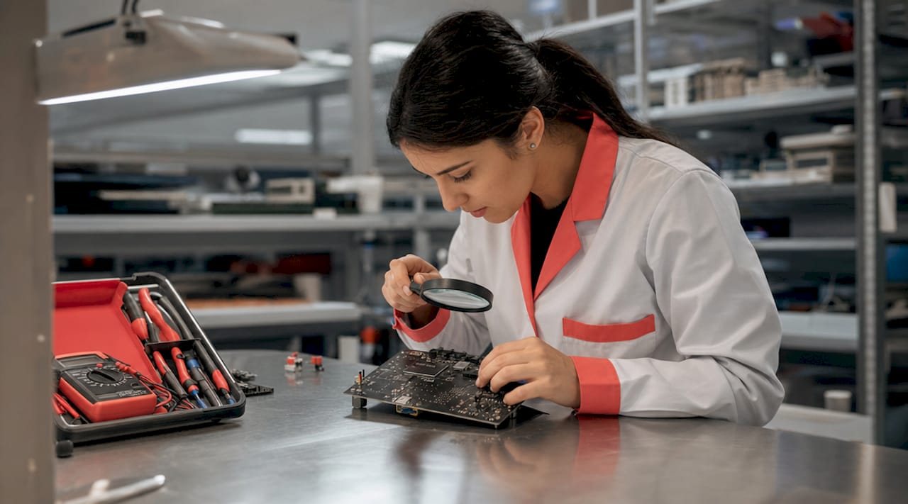 Un ingénieur examine de près une puce électronique à l’aide d’outils spécialisés.