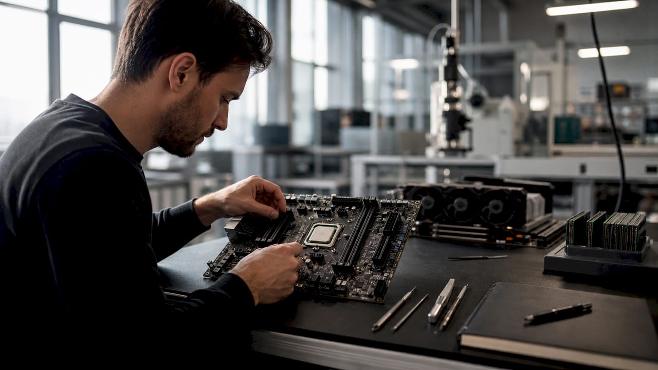 Un technicien en train d’installer un processeur et de manipuler des composants informatiques