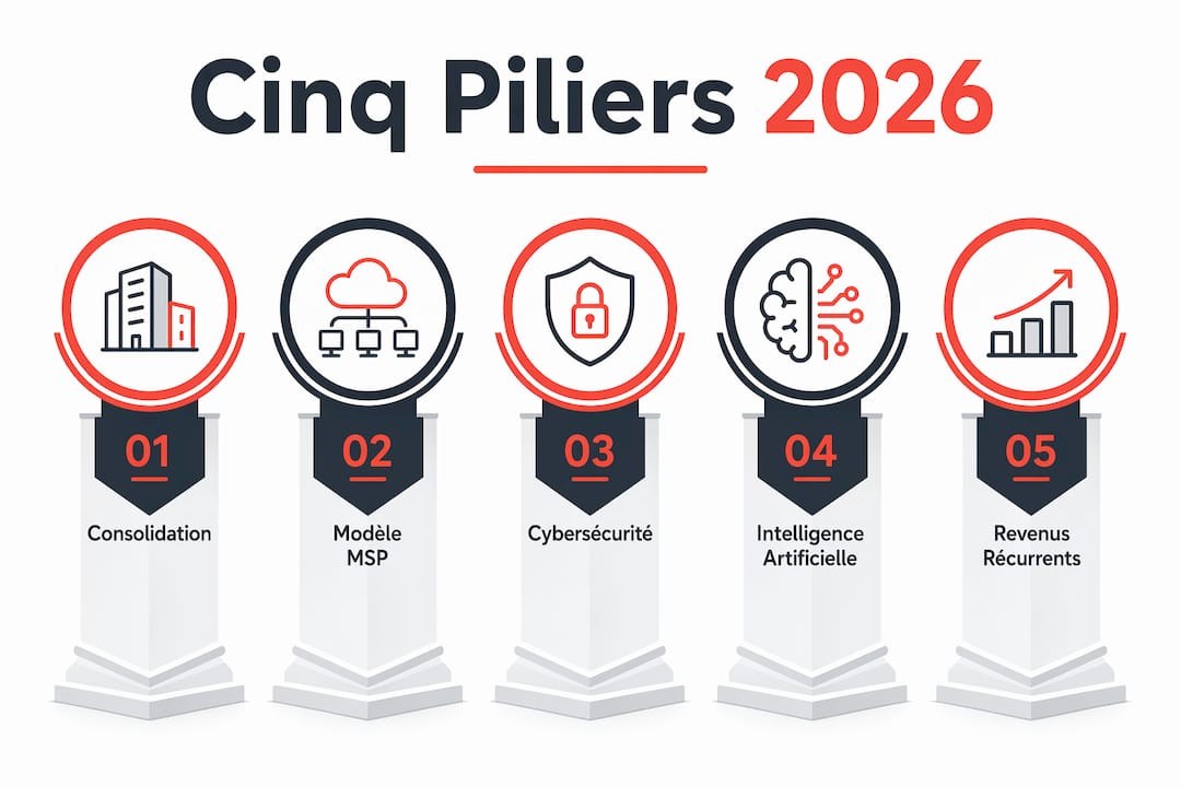 Infographie présentant les cinq axes stratégiques de la distribution IT à l’horizon 2026