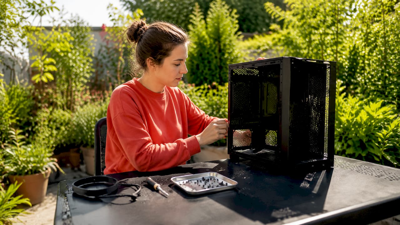 Des mains s’affairent à préparer les outils nécessaires pour assembler un PC, posés sur une table blanche.