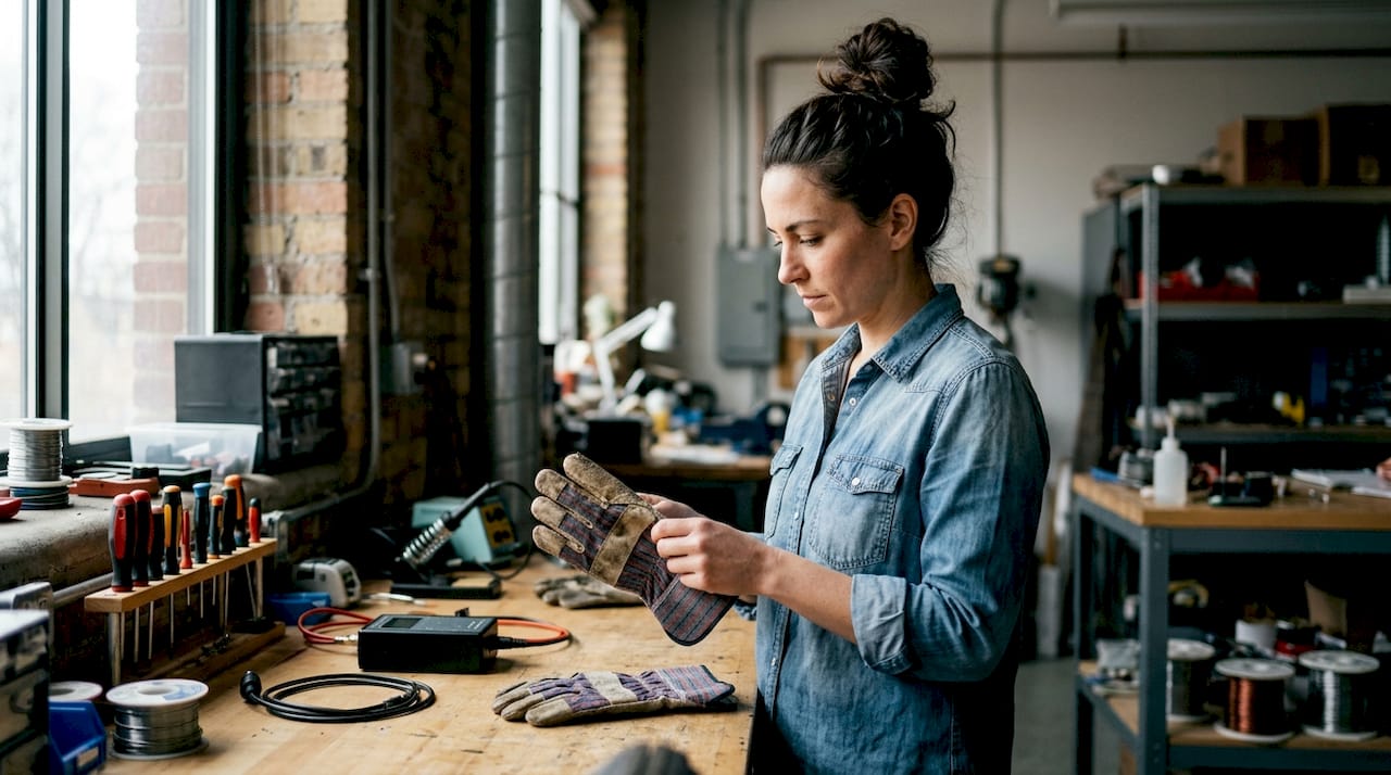 Une technicienne examine attentivement des gants de protection sur son poste de travail.