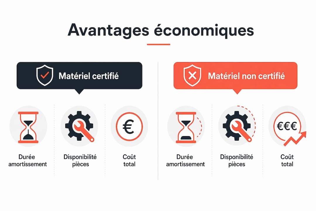 Infographie mettant en perspective les avantages économiques du matériel certifié par rapport au matériel non certifié