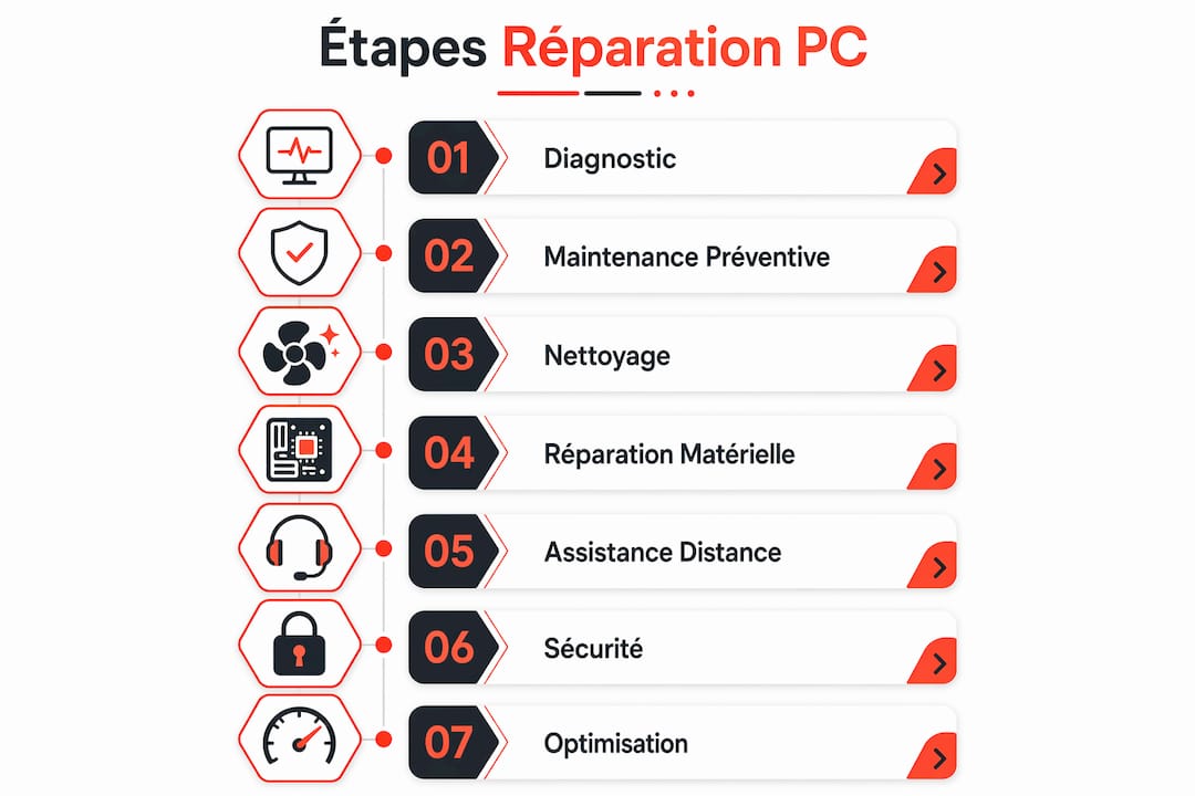 Présentation visuelle des principales étapes pour dépanner un ordinateur