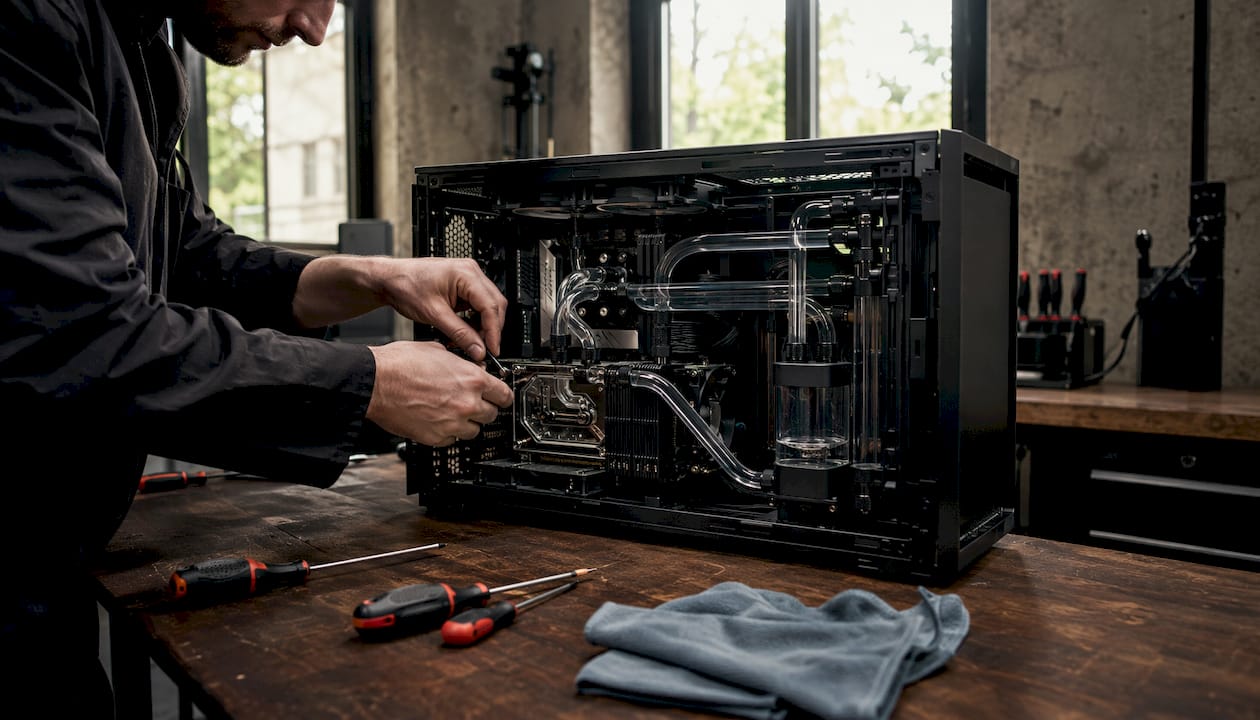 Zoom sur un système de refroidissement informatique en plein atelier