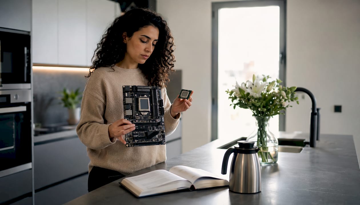 Une femme en train de comparer différents composants informatiques pour son PC