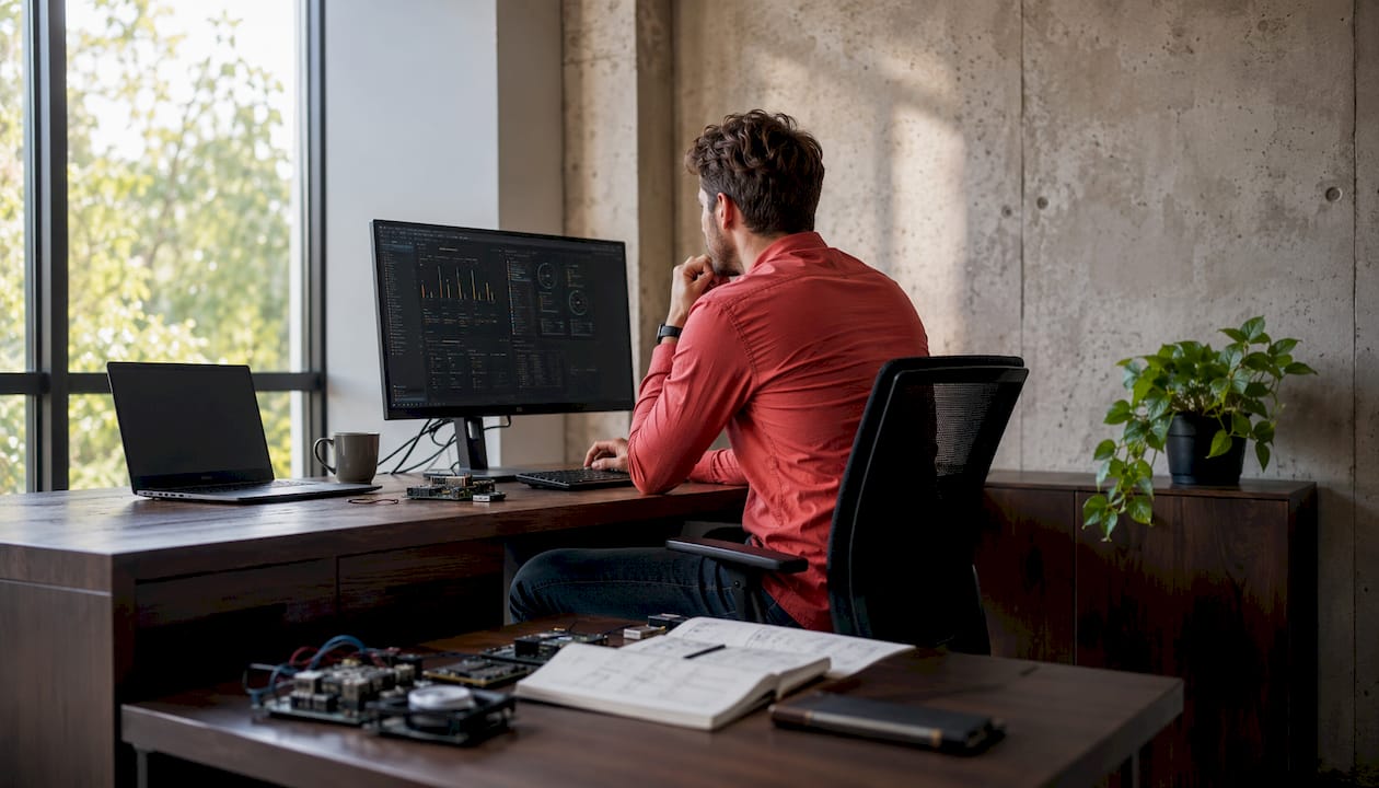 Vue plongeante sur des mains en train de configurer un logiciel de surveillance sur ordinateur