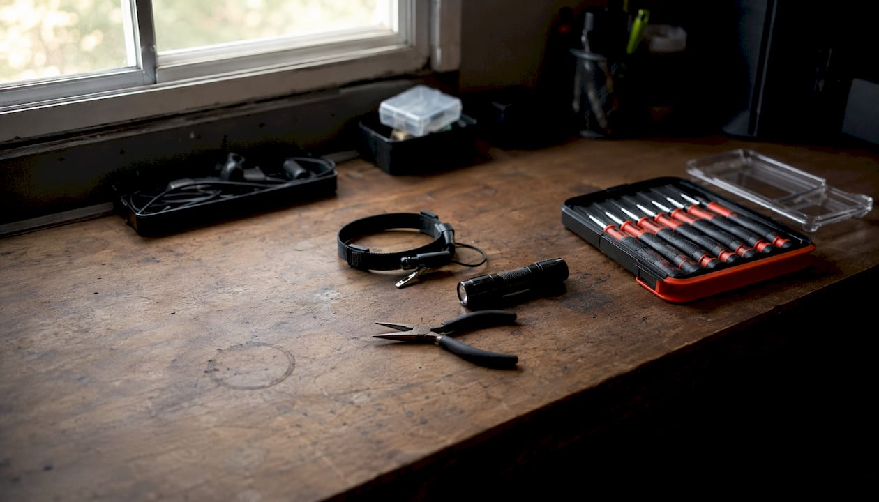 Kit d’outils essentiel pour la maintenance informatique, posé sur un établi en bois.