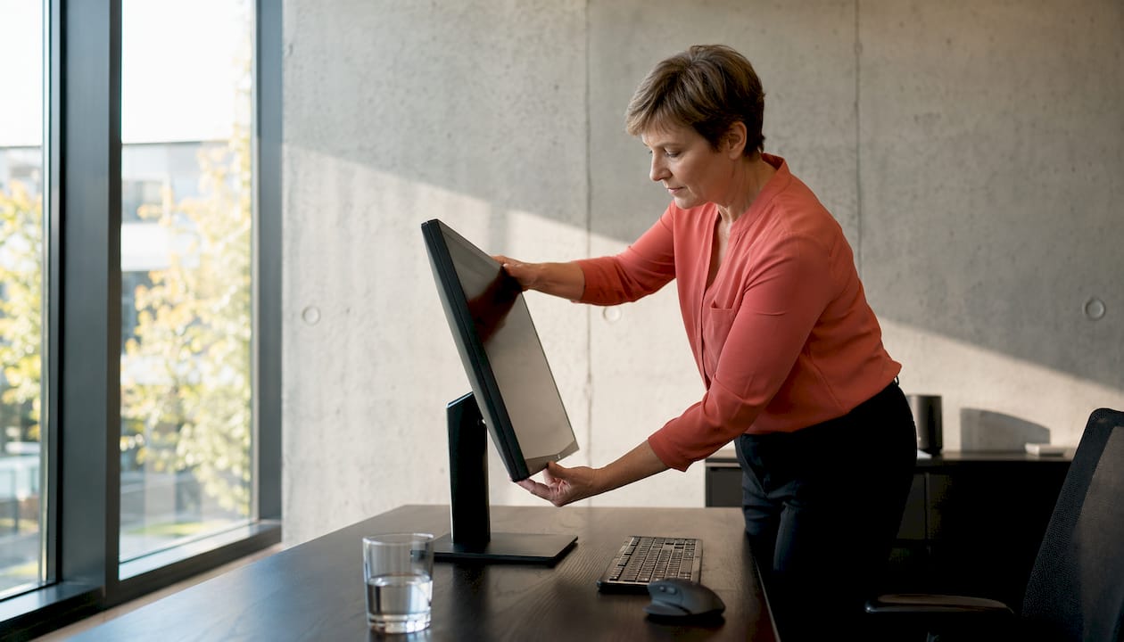 Des mains règlent la position de l’écran d’ordinateur sur le bureau.
