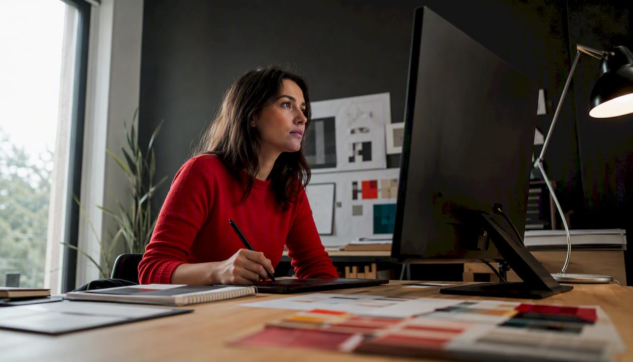 Un graphiste concentré devant son écran 4K, plongé dans l’ambiance créative de son studio.
