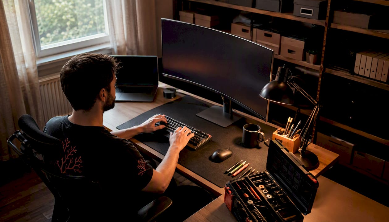 Développeur concentré devant un écran ultra-large pour optimiser son espace de travail