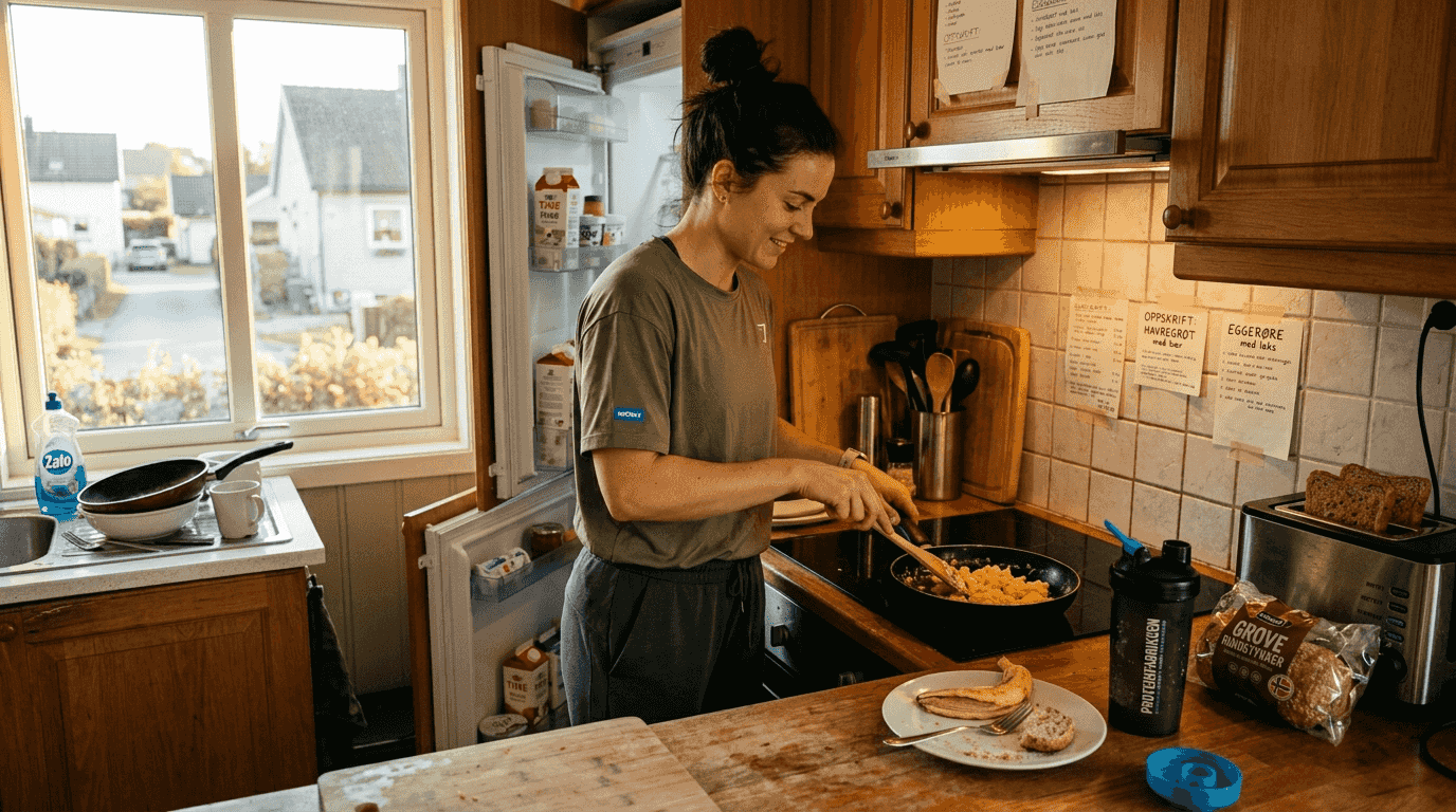 En kvinne lager et sunt og næringsrikt måltid etter treningsøkten.