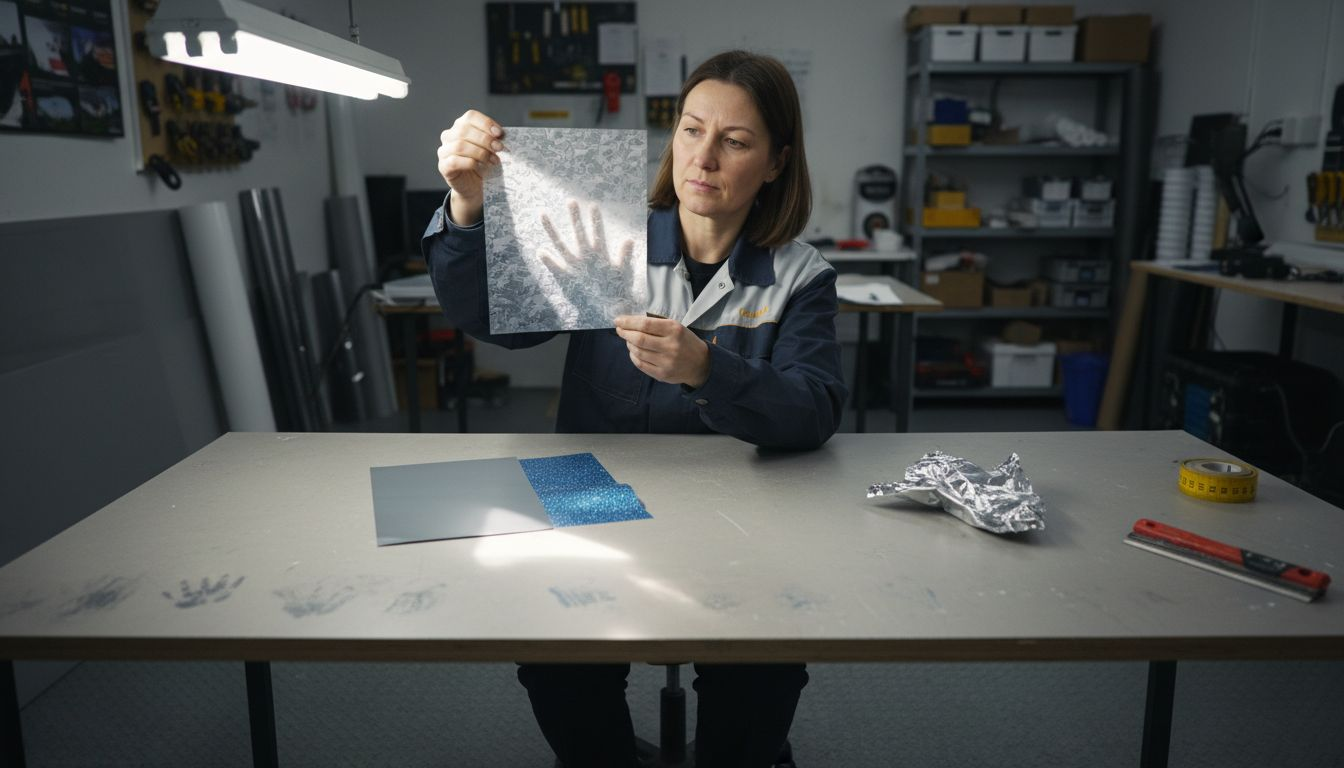Montör demonstrerar olika vinylmaterial och installationsmetod i verkstad för hållbara dekaler
