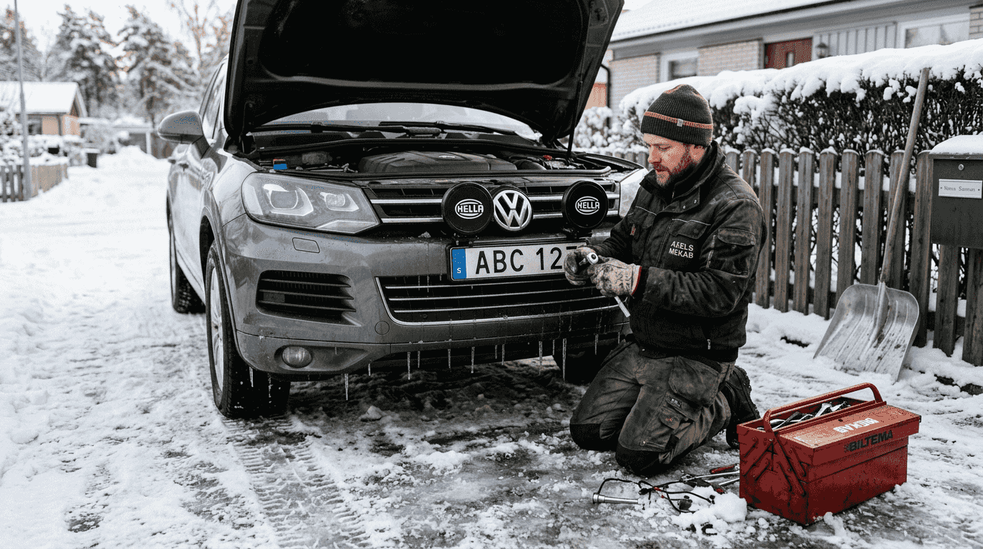 A car mechanic installing auxiliary lights on a car in the snow.