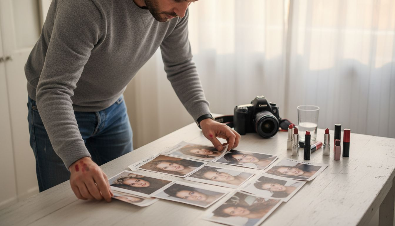 Una make up artist alle prese con la sistemazione delle foto stampate del suo portfolio.