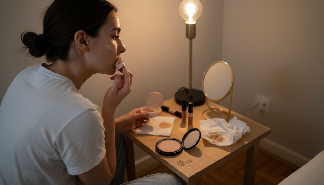 Ragazza alle prese con la sua routine base di trucco: applica il fondotinta per un incarnato uniforme.
