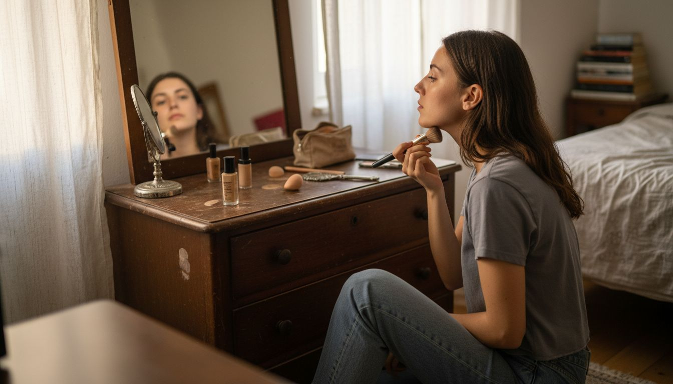 Donna che stende il fondotinta sul viso con un pennello da trucco
