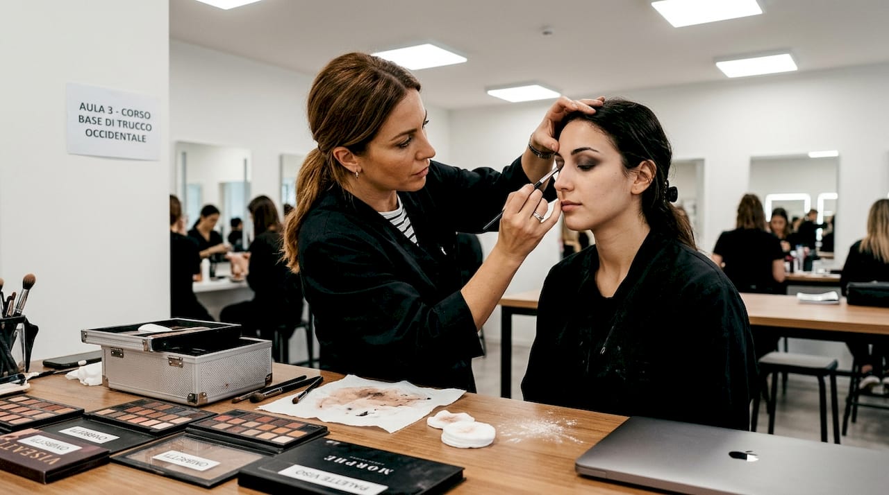 Make-up artist che si esercitano nella realizzazione dello smokey eyes
