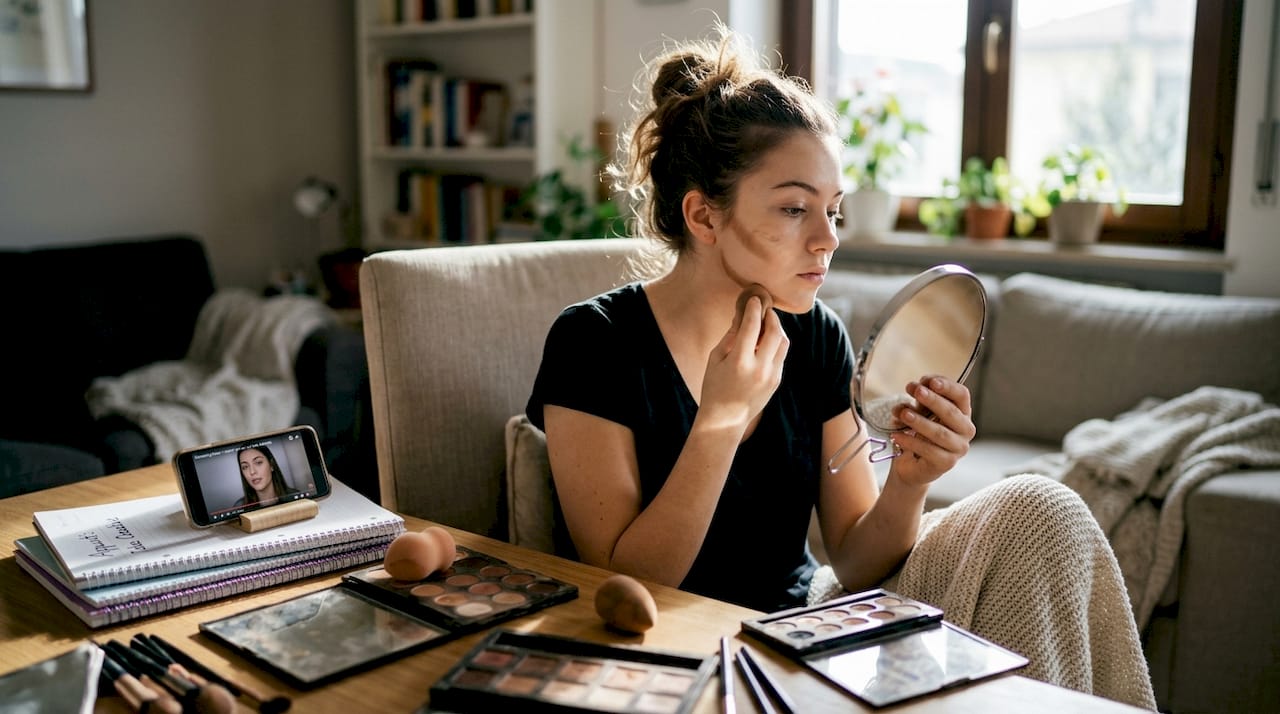 Ragazza adolescente che sfuma il contouring davanti allo specchio di casa