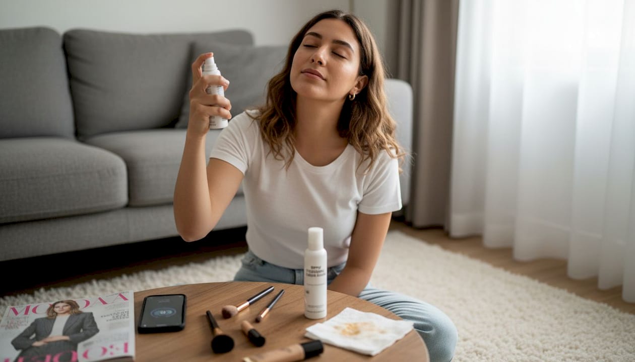 Una donna spruzza lo spray fissante sul viso per mantenere il trucco perfetto più a lungo.