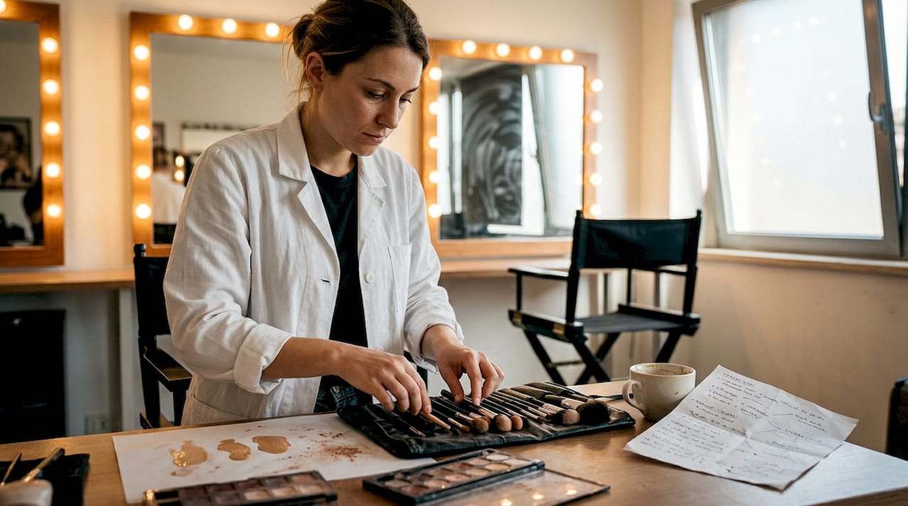 Il make-up artist sistema tutto l’occorrente nella sua postazione in studio.