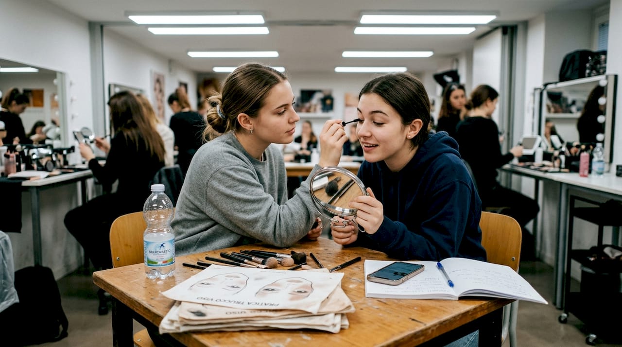 Ragazzi alle prese con esercitazioni pratiche di trucco