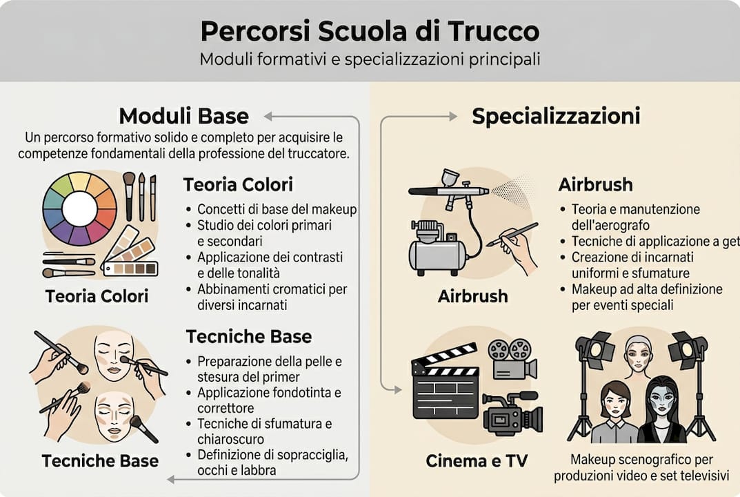 Panoramica visiva dei corsi e delle specializzazioni offerti dalla scuola di make-up