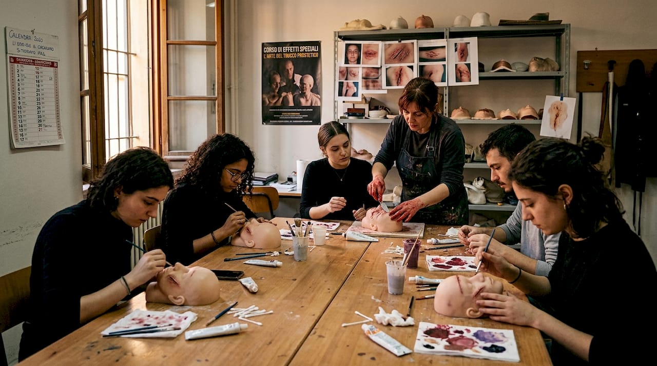 Gli studenti si esercitano nelle tecniche di trucco effetti speciali lavorando su teste prostetiche.