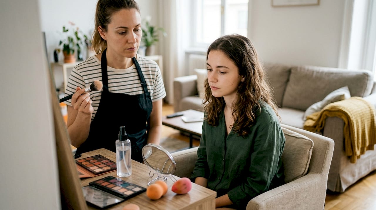 Una make up artist si prende cura del trucco della sua cliente direttamente a domicilio, applicando il fondotinta per valorizzare al meglio il suo viso.