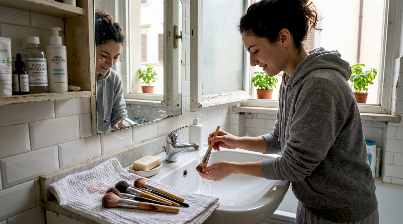 Una donna si prende cura dei suoi pennelli da trucco, pulendoli accuratamente nel lavandino del bagno.