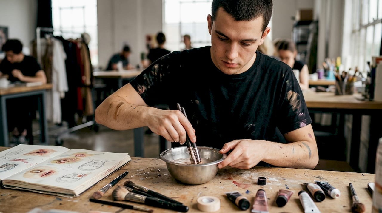 La make up artist si occupa della pulizia dei pennelli utilizzati per il trucco degli effetti speciali.