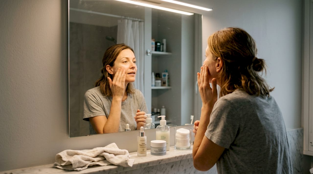 Donna che si prende cura della propria pelle utilizzando prodotti cosmetici
