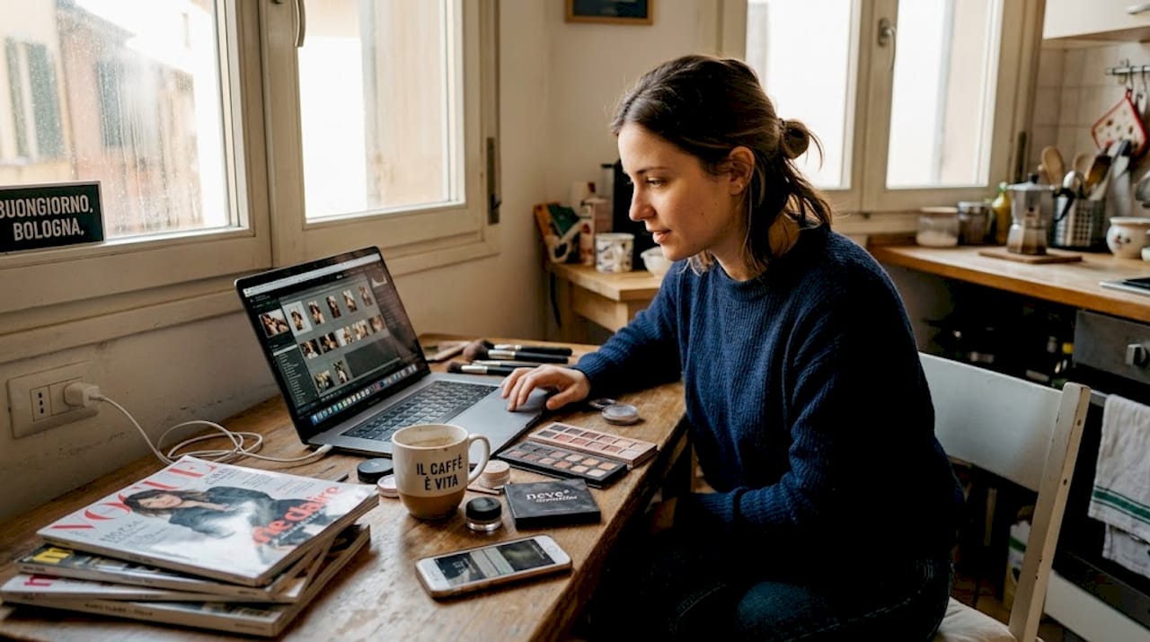 Una donna sta realizzando il suo portfolio da make-up artist direttamente a casa, sperimentando nuovi look e immortalando i suoi lavori per presentarsi al meglio nel mondo della bellezza.