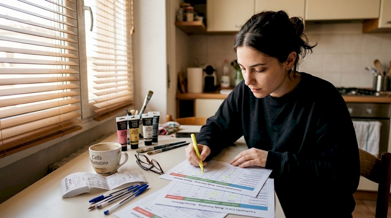 Una donna sta valutando le tabelle di confronto dei corsi, analizzando attentamente le diverse opzioni per scegliere quella più adatta alle sue esigenze.