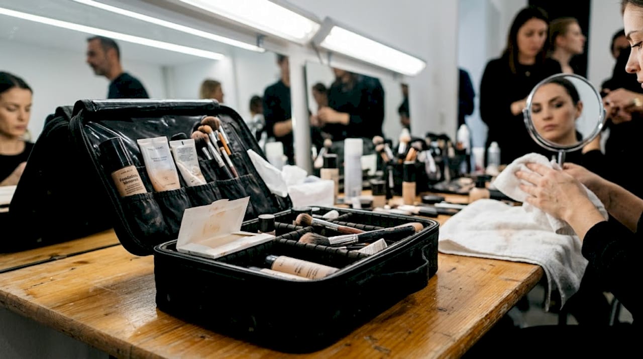 Valigetta trucco aperta con tutti i prodotti indispensabili pronta per il backstage