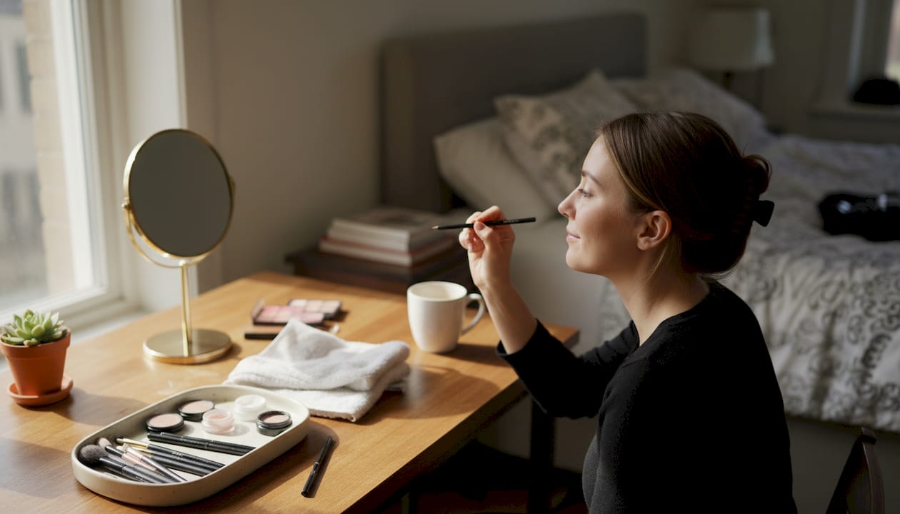 Un make-up artist si dedica alla definizione delle sopracciglia con la matita, comodamente a casa.