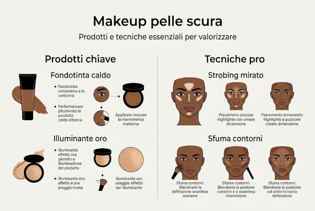 Guida visiva ai prodotti e alle tecniche di make-up pensate per valorizzare la pelle scura
