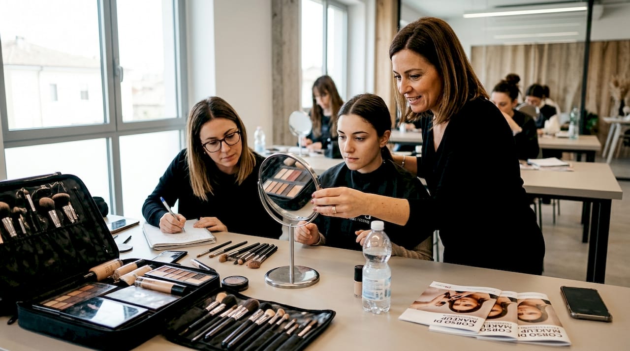 Corso di make-up con docente e partecipanti in aula