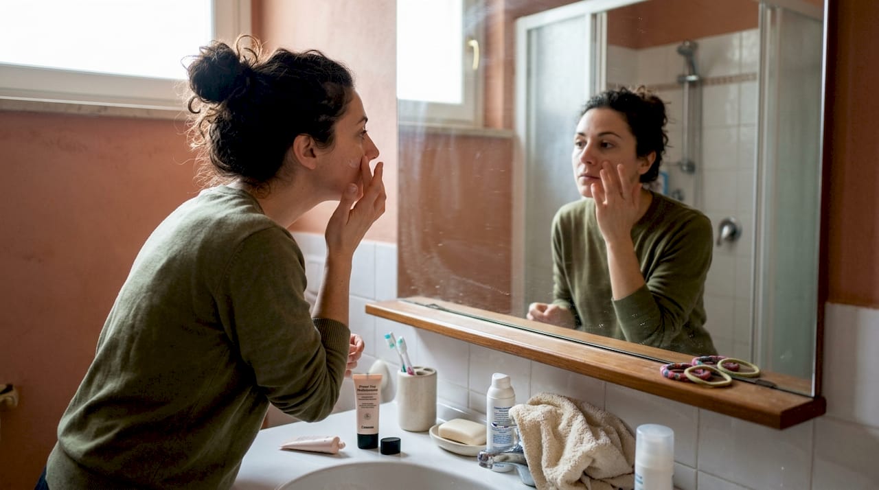 Una donna si prepara davanti allo specchio del bagno, stendendo il primer sul viso.