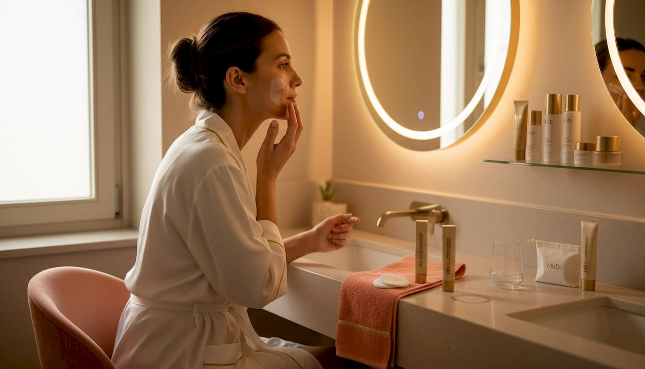 Una donna si trucca in bagno dando vita a un make-up fantasy.