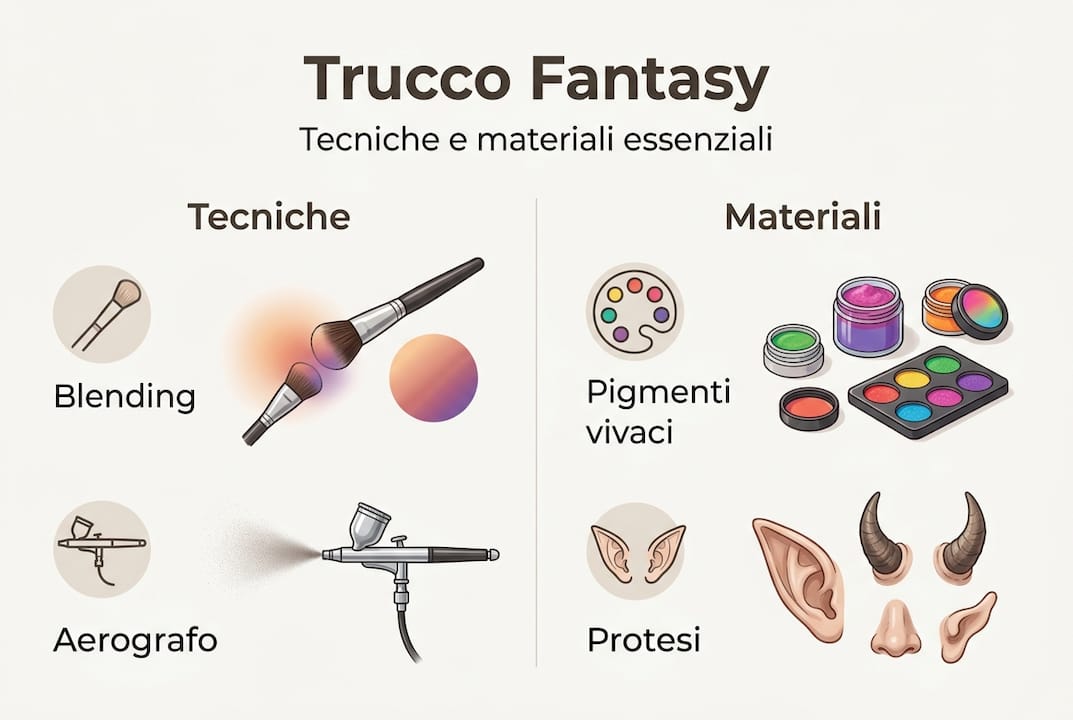 Infografica dedicata alle principali tecniche e ai materiali più usati nel trucco fantasy