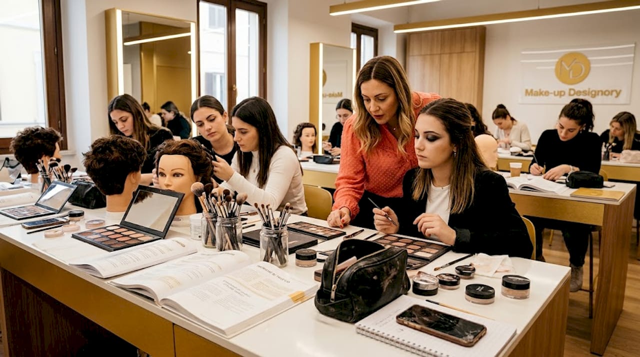 Allieve dell’accademia di bellezza che si esercitano con trucco e acconciature.